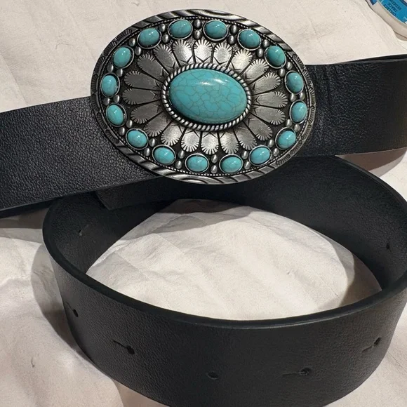 Western Brushed Silver Turquoise Belt 💙🤠 Black Adjusts to 36” - Picture 2 of 7